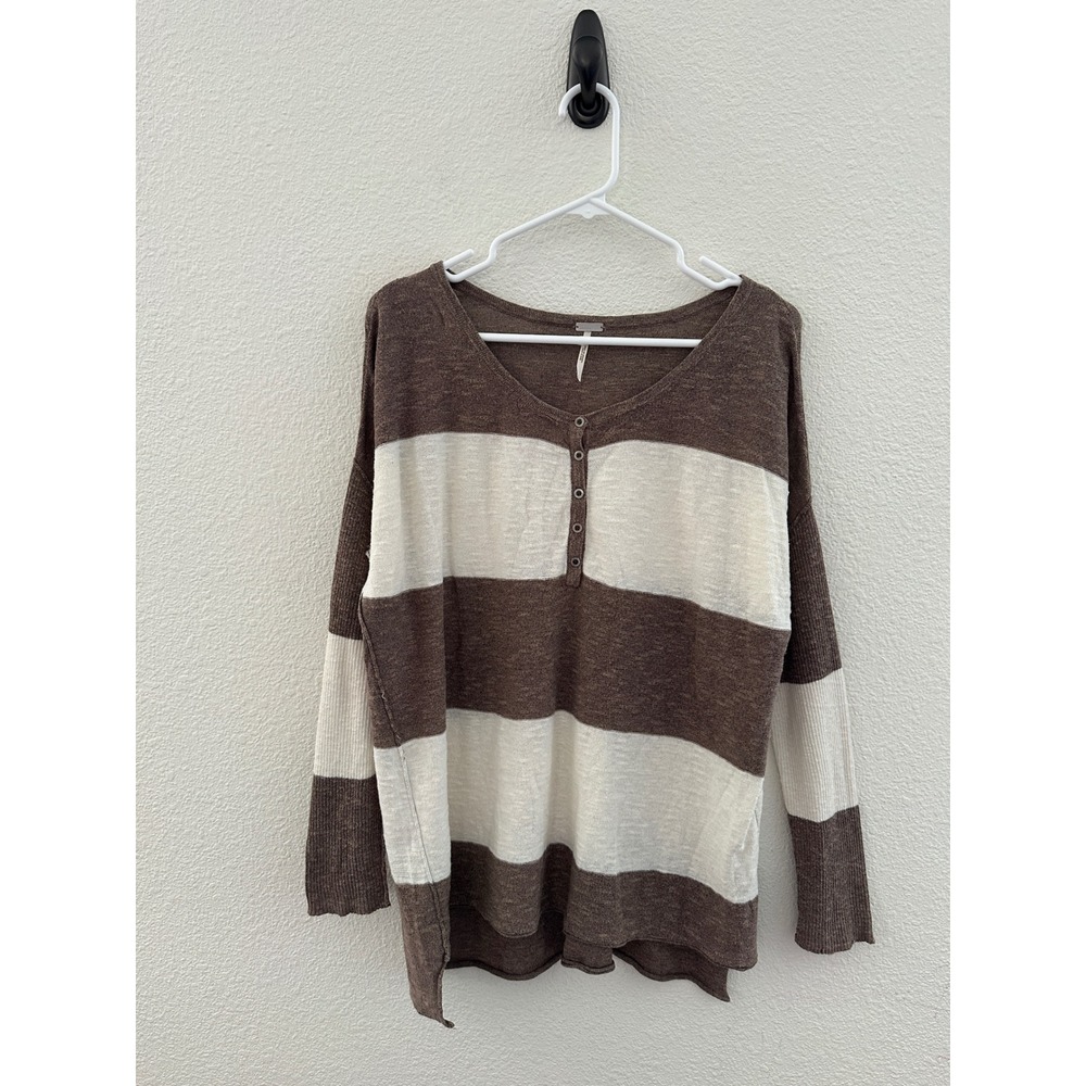 Free People Beach Brown Striped Linen Blend Henley Long Sleeve Top Size Small - Picture 1 of 7